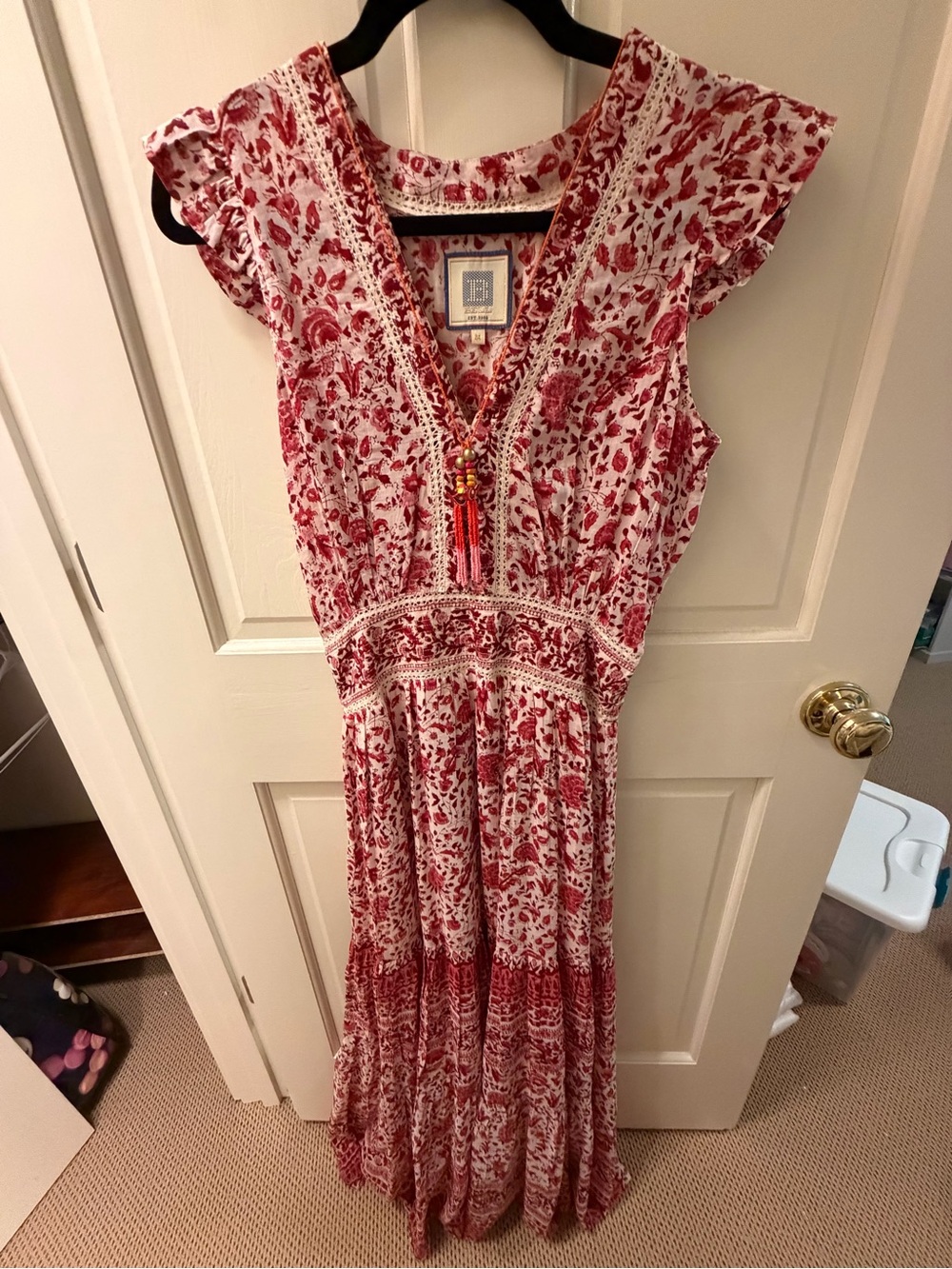Red Floral Maxi Dress with Tassel V-Neck